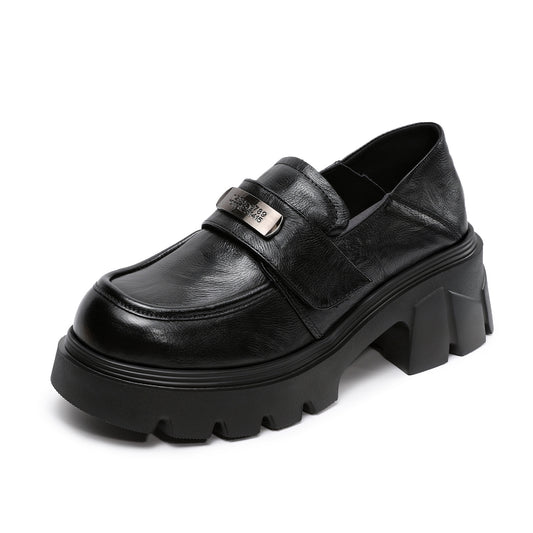 Women’s Leather Platform Block Heel Loafers – Vintage Metal Detail