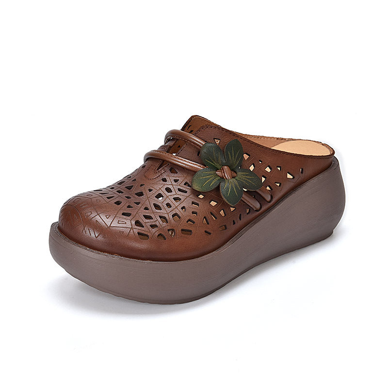 Women's Cowhide Platform Mules - Summer Shoes Breathable Floral Cut-out Sandals