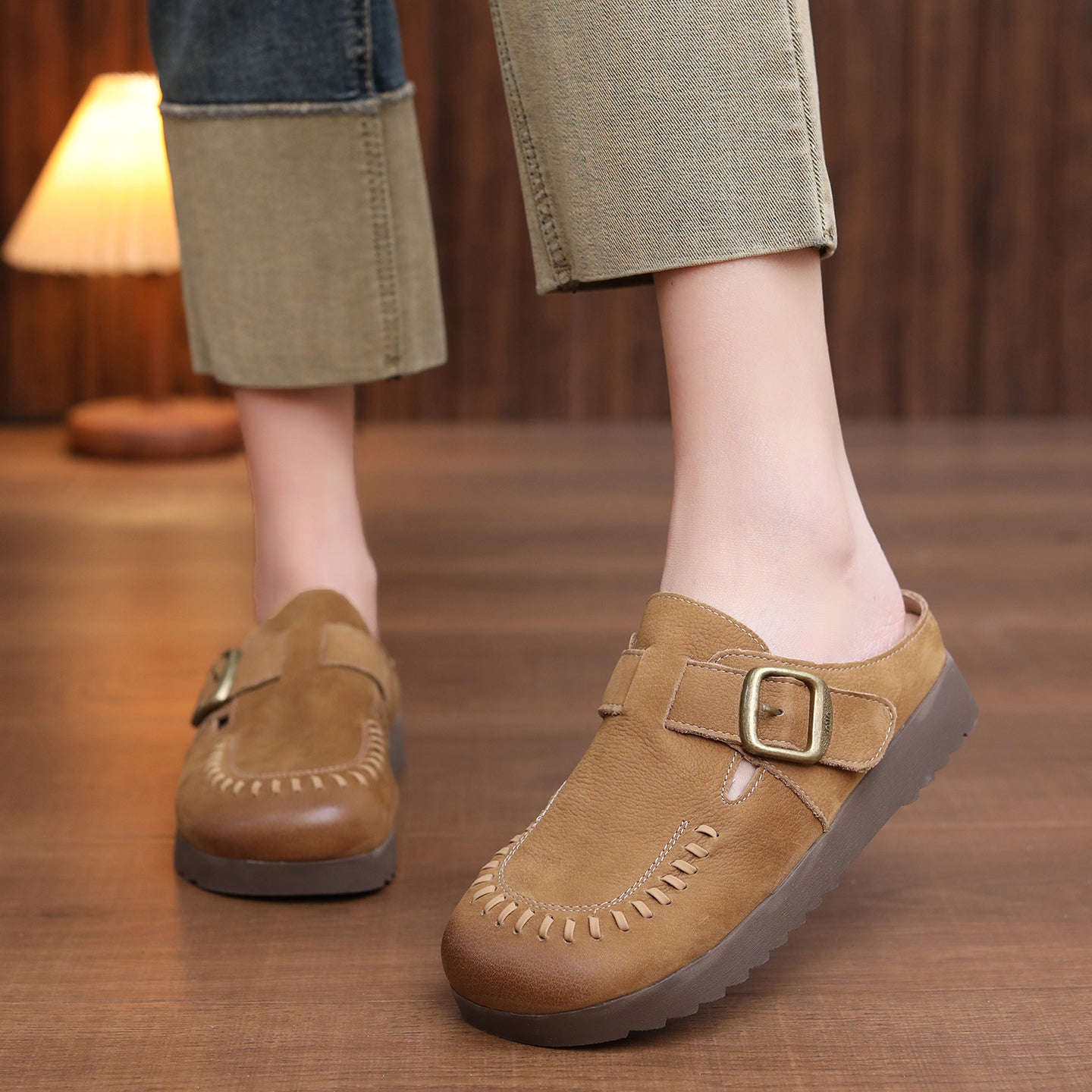 Women's Vintage Leather Mules - Hand-Stitched Artisanal Buckle Slides