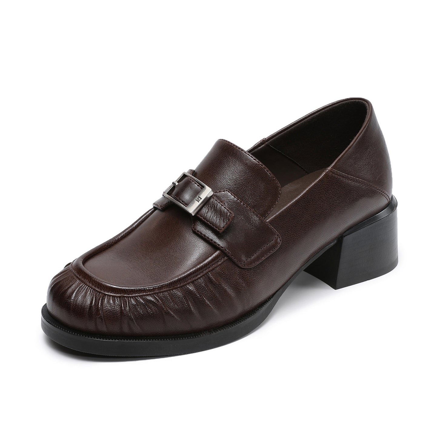 Women's Sheepskin Loafers - Ruched Leather Buckle Block Heel