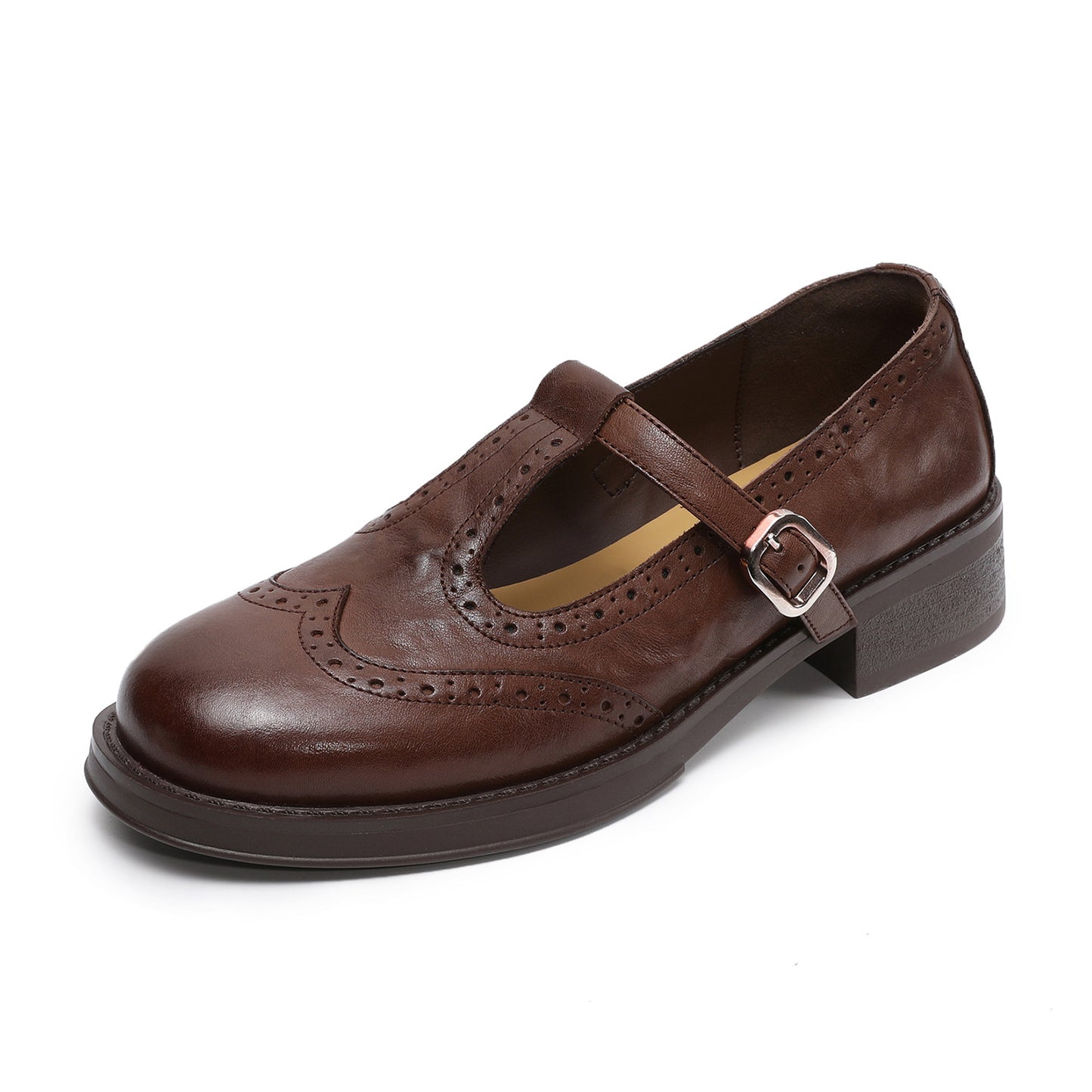 Women's Brogue T-Strap Mary Janes - Unlined Cowhide Leather - Block Heel