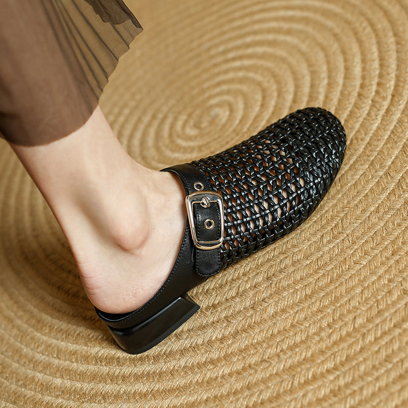 Women's Hollow Out Leather Low Heel Buckle Summer Mule Sandals