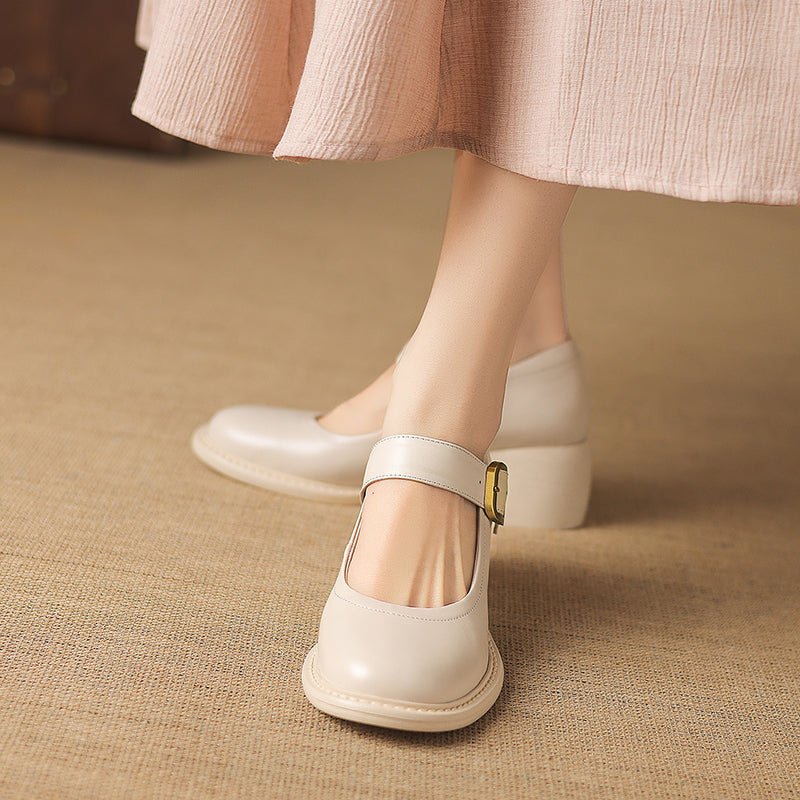 Women's Vintage 1960s Style Strap Pumps - Leather Elegant Round Toe Block Heels