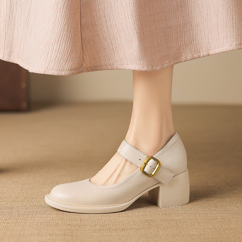 Women's Vintage 1960s Style Strap Pumps - Leather Elegant Round Toe Block Heels