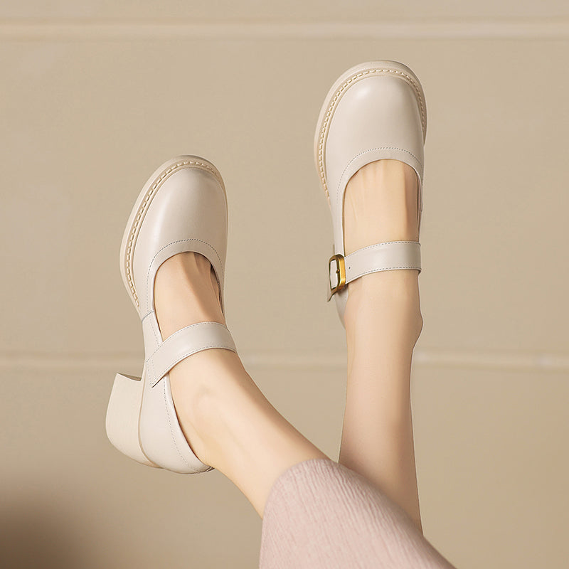 Women's Vintage 1960s Style Strap Pumps - Leather Elegant Round Toe Block Heels