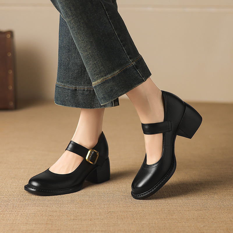 Women's Vintage 1960s Style Strap Pumps - Leather Elegant Round Toe Block Heels