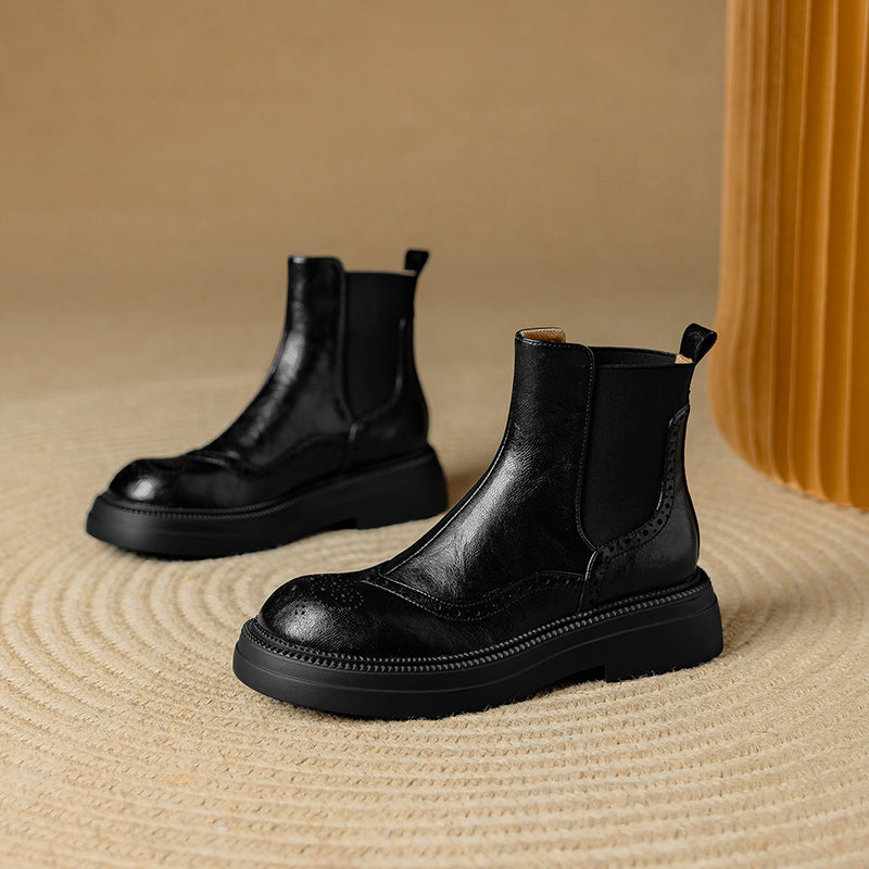 Stylish Women's Leather Brogue Platform Chelsea Boots – Ankle Height