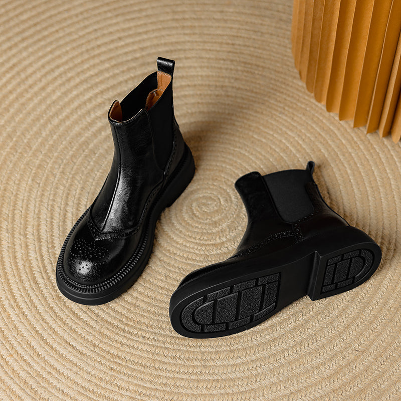 Stylish Women's Leather Brogue Platform Chelsea Boots – Ankle Height