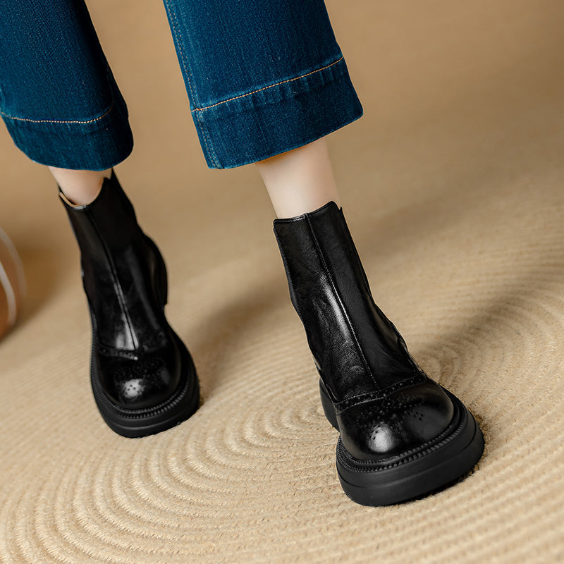 Stylish Women's Leather Brogue Platform Chelsea Boots – Ankle Height