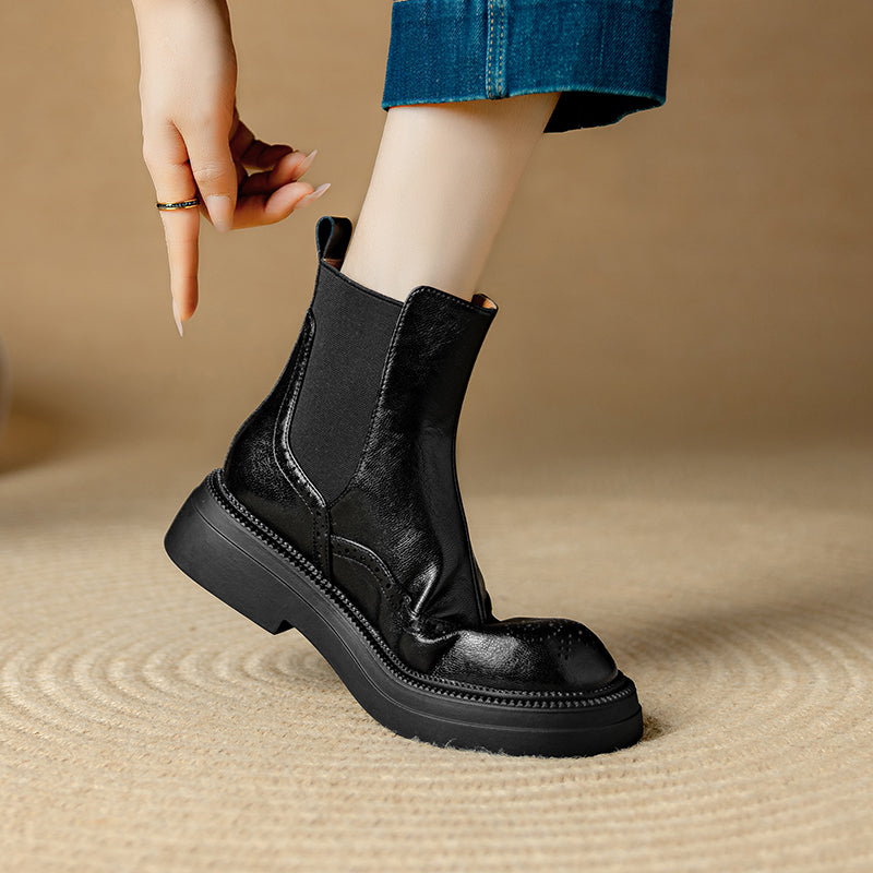 Stylish Women's Leather Brogue Platform Chelsea Boots – Ankle Height