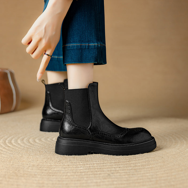 Stylish Women's Leather Brogue Platform Chelsea Boots – Ankle Height