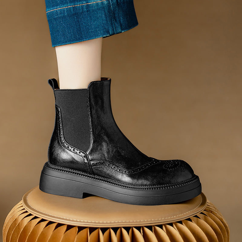Stylish Women's Leather Brogue Platform Chelsea Boots – Ankle Height