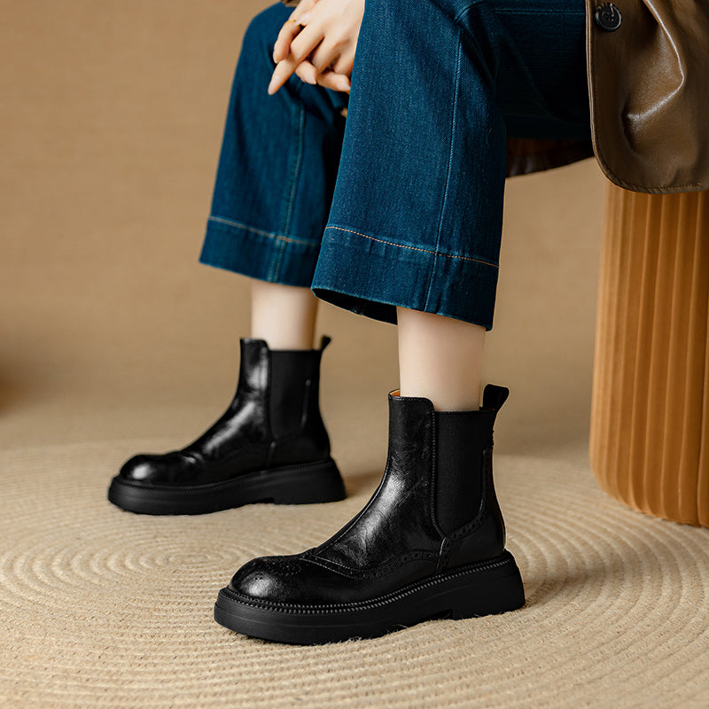 Stylish Women's Leather Brogue Platform Chelsea Boots – Ankle Height