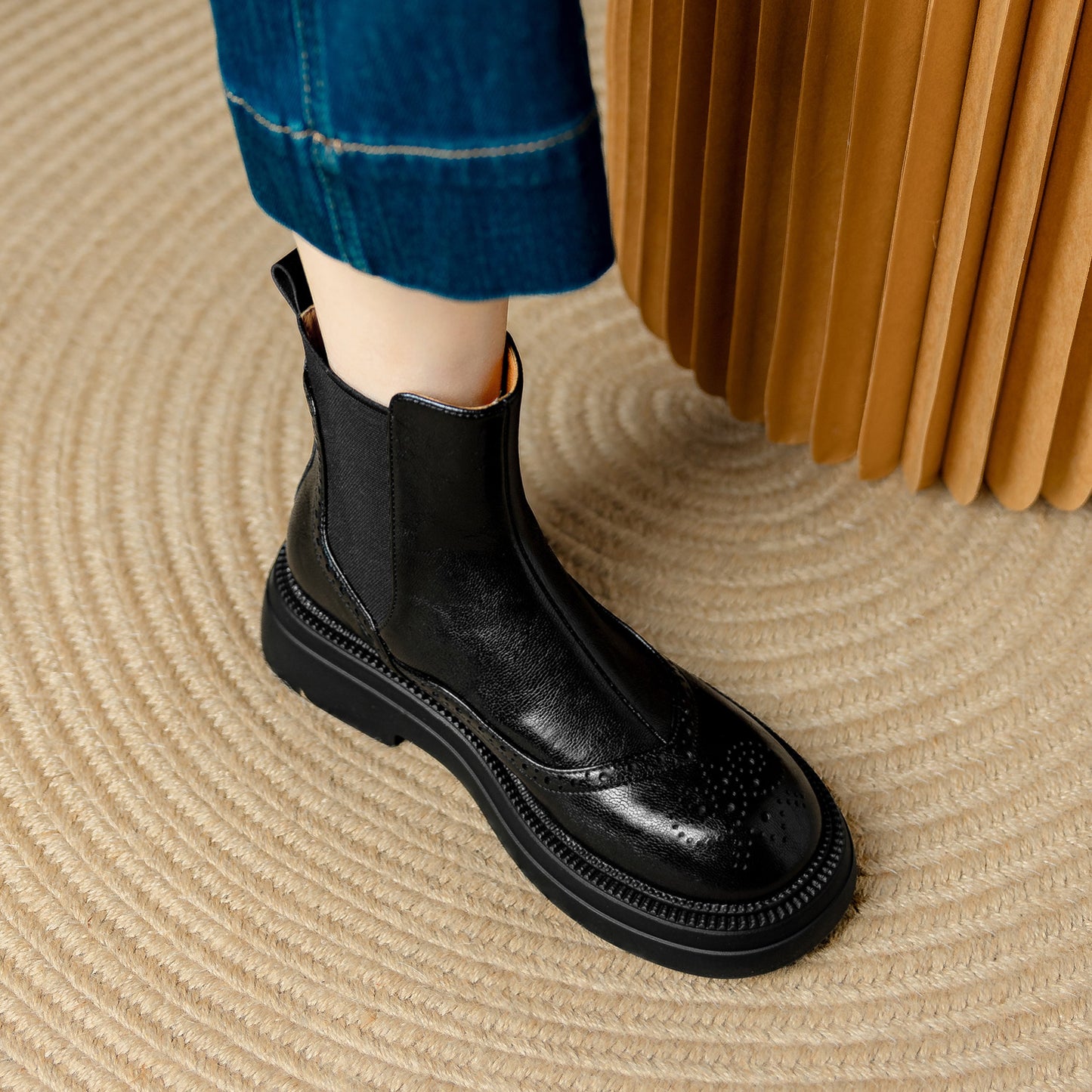 Stylish Women's Leather Brogue Platform Chelsea Boots – Ankle Height
