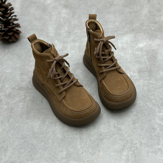 Soft Leather Lace Up Ankle Boots – Women’s Vintage Platform Shoes