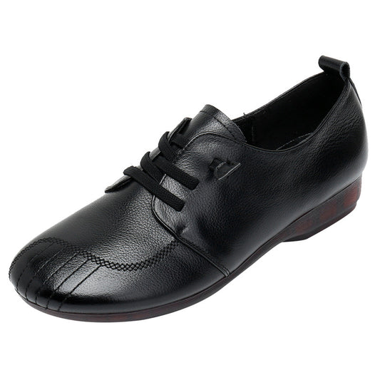 Women's Unlined Cowhide Flats - Breathable Genuine Leather Lace-up Casual Walking Shoes