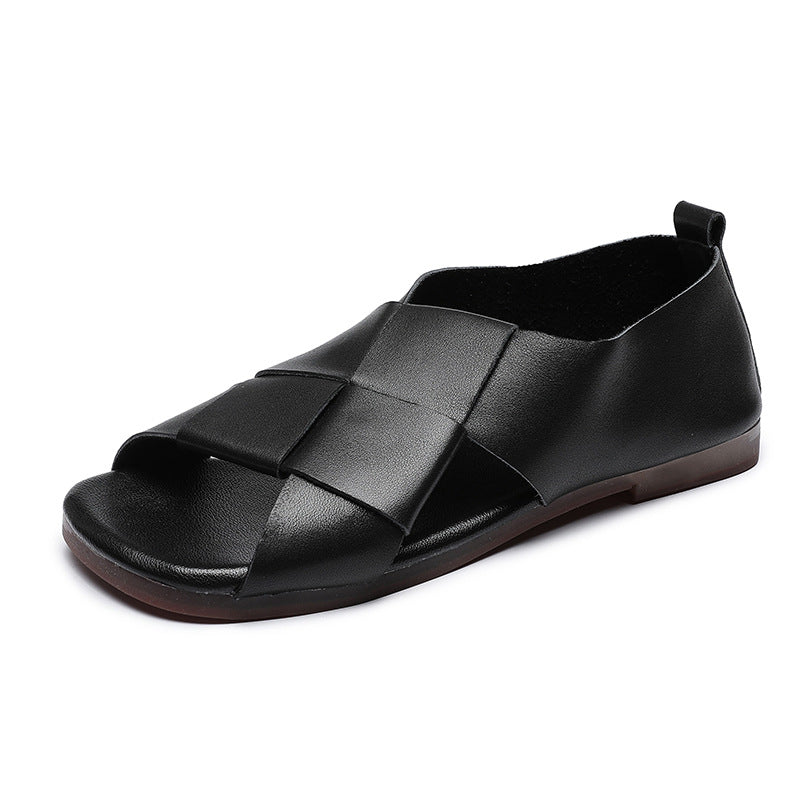 Women's Handmade Leather Open Toe Slip-On Flat Sandals