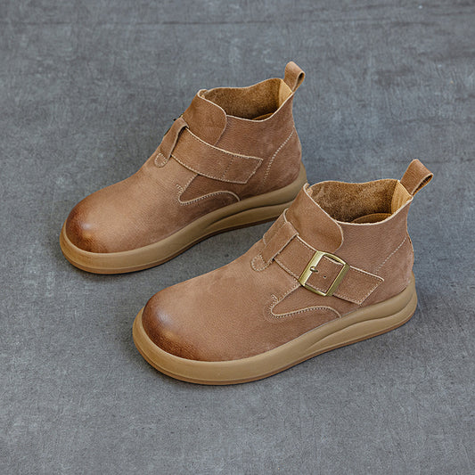 Women's Vintage Leather High-Top Ankle Boots – Buckle Strap Casual Style