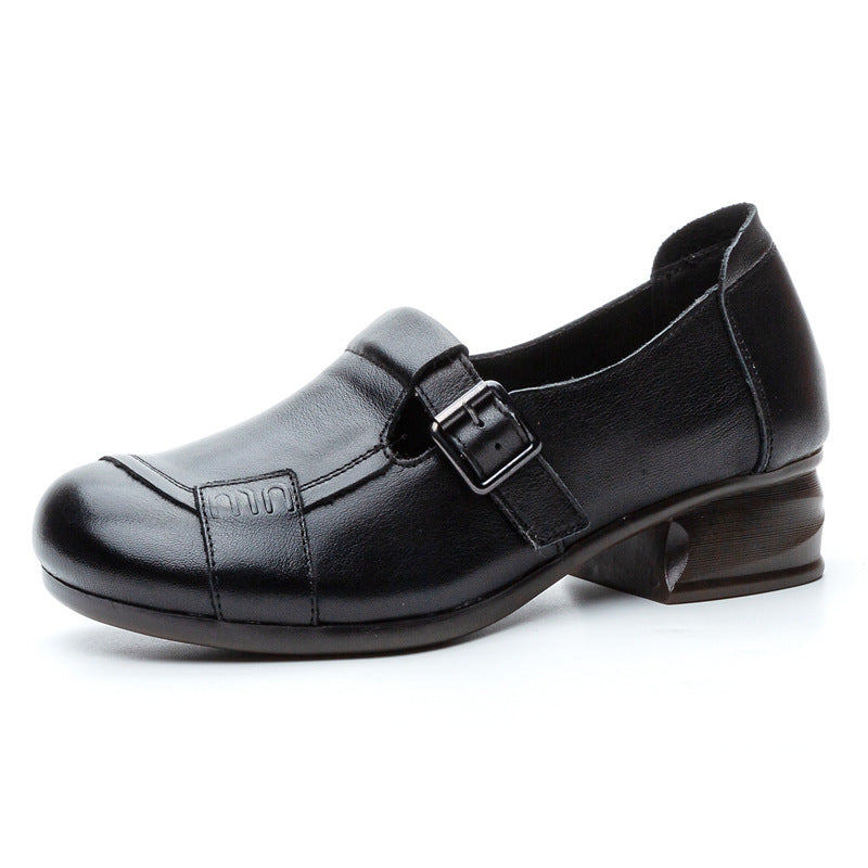 Women's Leather Casual Buckle Up Slip On Low Heeled Loafers