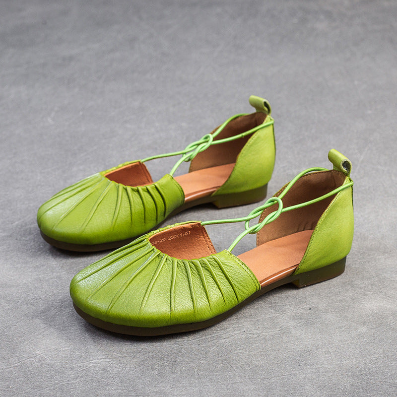 Women's Pleated Cowhide Flats - Wide-Toe Closed-Toe Sandals - Elastic Cross-Strap