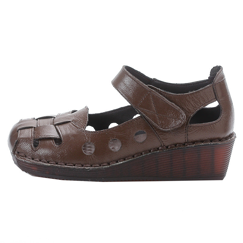 Women's Leather Woven Cutout Wedge Heel Sandal