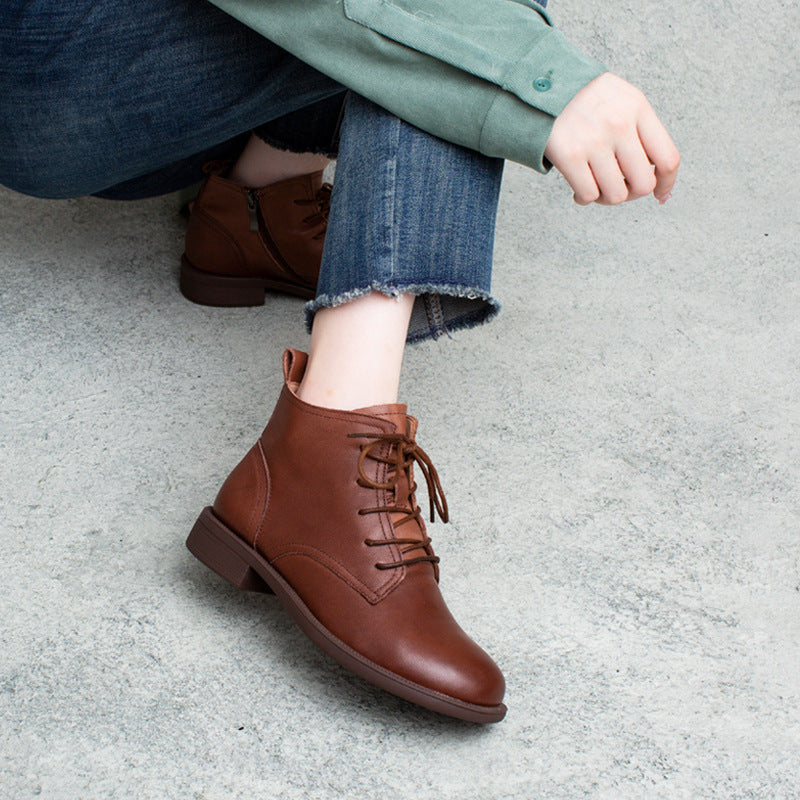 Women's Classic Genuine Leather Ankle Boots – Lace-Up with Side Zipper Closure