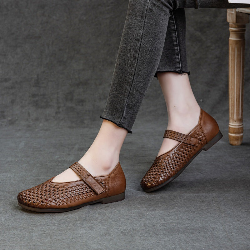 Genuine Leather Weaving Hollow Out Breathable Summer Velcro Women's Sandals