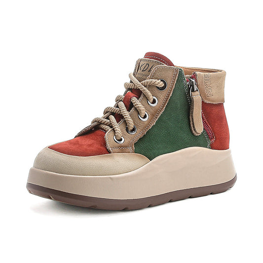 Women’s Leather Colour-Block High-Top Platform Boots – Side Zip Casual Shoes