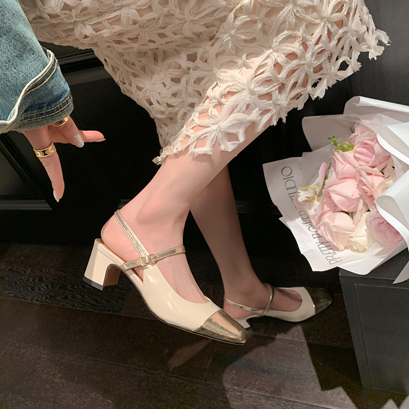 Women's Elegant French Patchwork Slip On Closed Toe Mid Heel Sandals