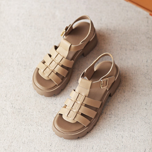 Women's Leather Open Toe Chunky Heel Platform Roman Sandals