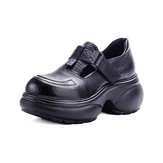 Women's Chunky Loafers - Leather Elevated Flats - Breathable Unlined Design with Velcro Strap
