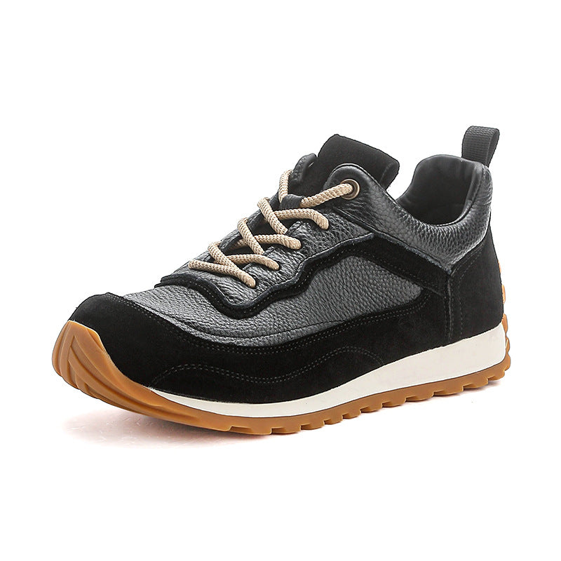 Women's Vintage-Style Mixed Texture Leather Runners - Breathable Cowhide Walking Shoes