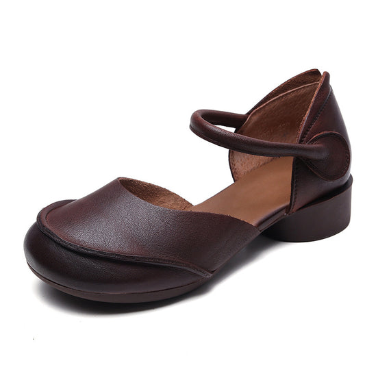 Women’s Genuine Leather Closed Toe Sandals – Retro Low Block Heel Velcro Shoes