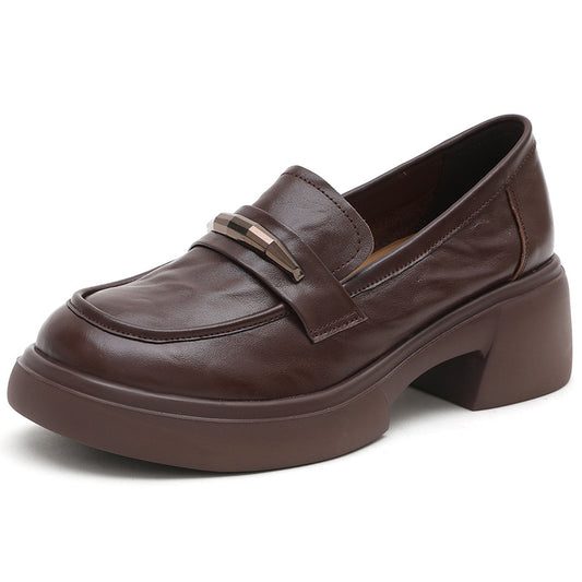 Women's Chunky Cowhide Loafers Platform Slip-On Modern Preppy Style