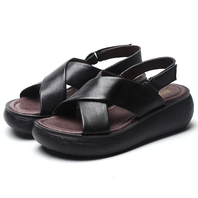 Women's Leather Open Toe Cross Strap Velcro Wedge Heel Sandals