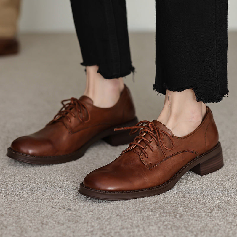 Women's Genuine Leather Casual Shoes Spring Fall Dress Lace-up Derby Oxfog