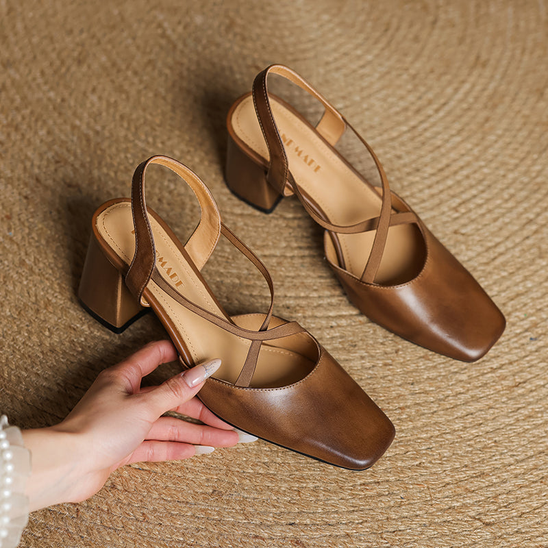 Women's French-Style Square Toe Leather Heels - Sophisticated Cross-Strap Summer Pumps