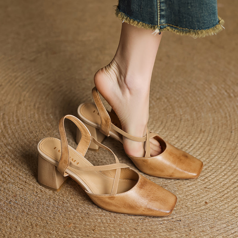 Women's French-Style Square Toe Leather Heels - Sophisticated Cross-Strap Summer Pumps