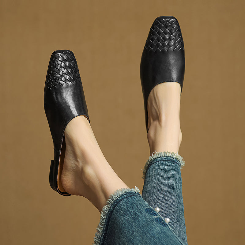 Women's Artisanal Woven Leather Slides - Sheepskin Summer Mules