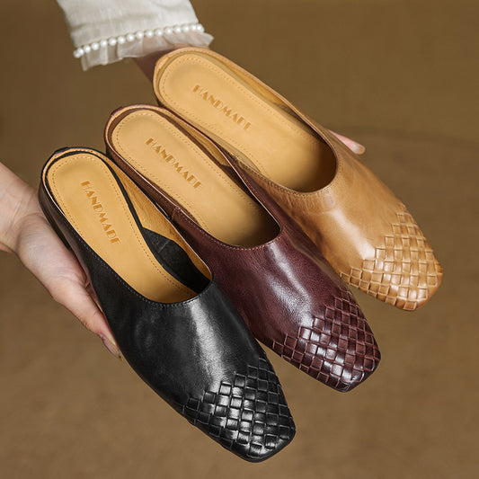 Women's Artisanal Woven Leather Slides - Sheepskin Summer Mules