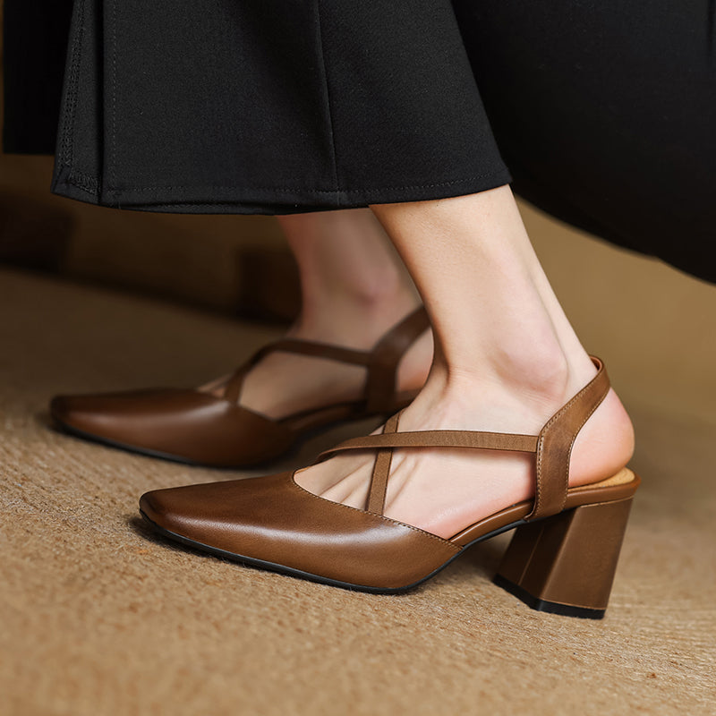 Women's French-Style Square Toe Leather Heels - Sophisticated Cross-Strap Summer Pumps