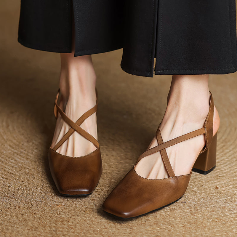 Women's French-Style Square Toe Leather Heels - Sophisticated Cross-Strap Summer Pumps
