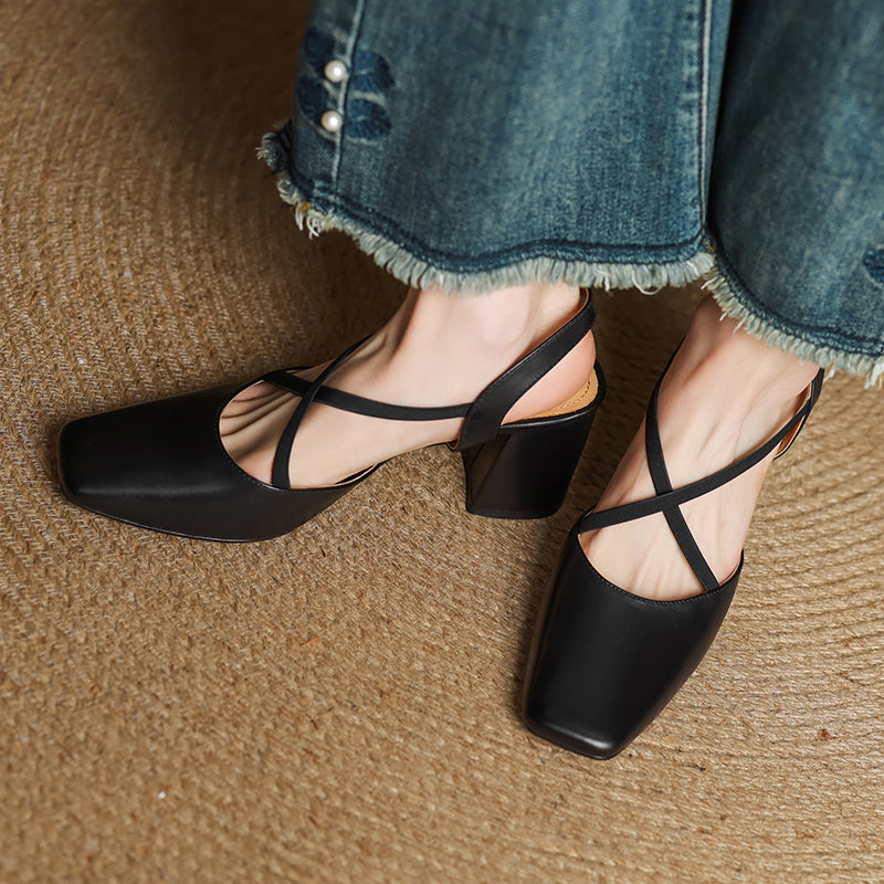 Women's French-Style Square Toe Leather Heels - Sophisticated Cross-Strap Summer Pumps