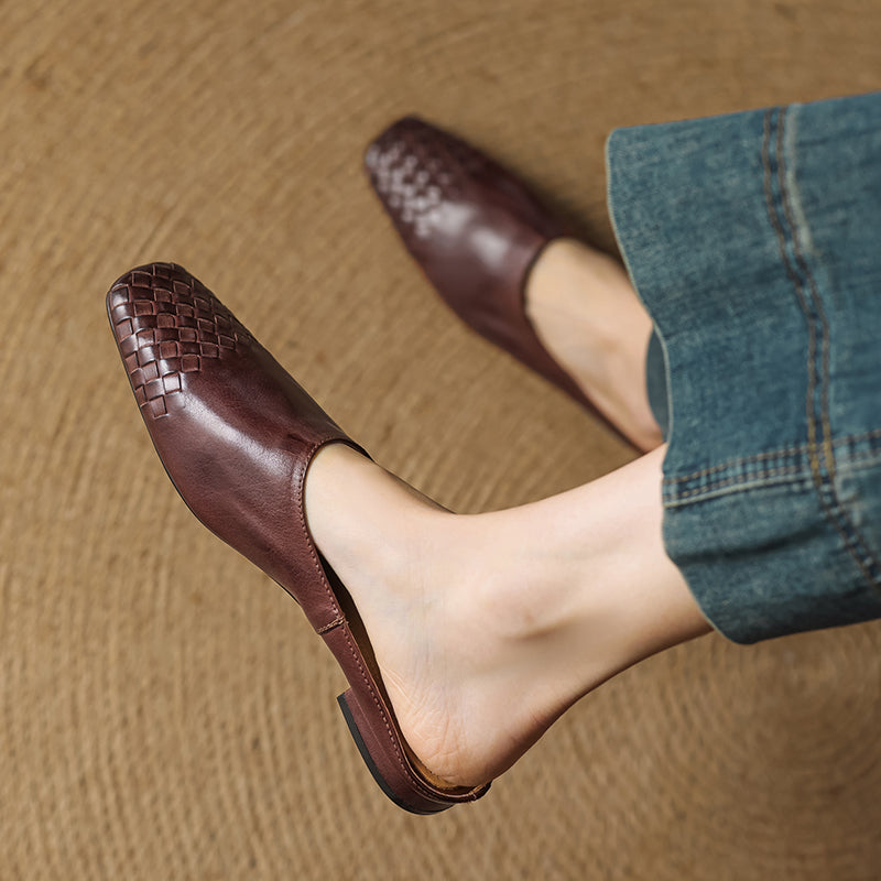 Women's Artisanal Woven Leather Slides - Sheepskin Summer Mules