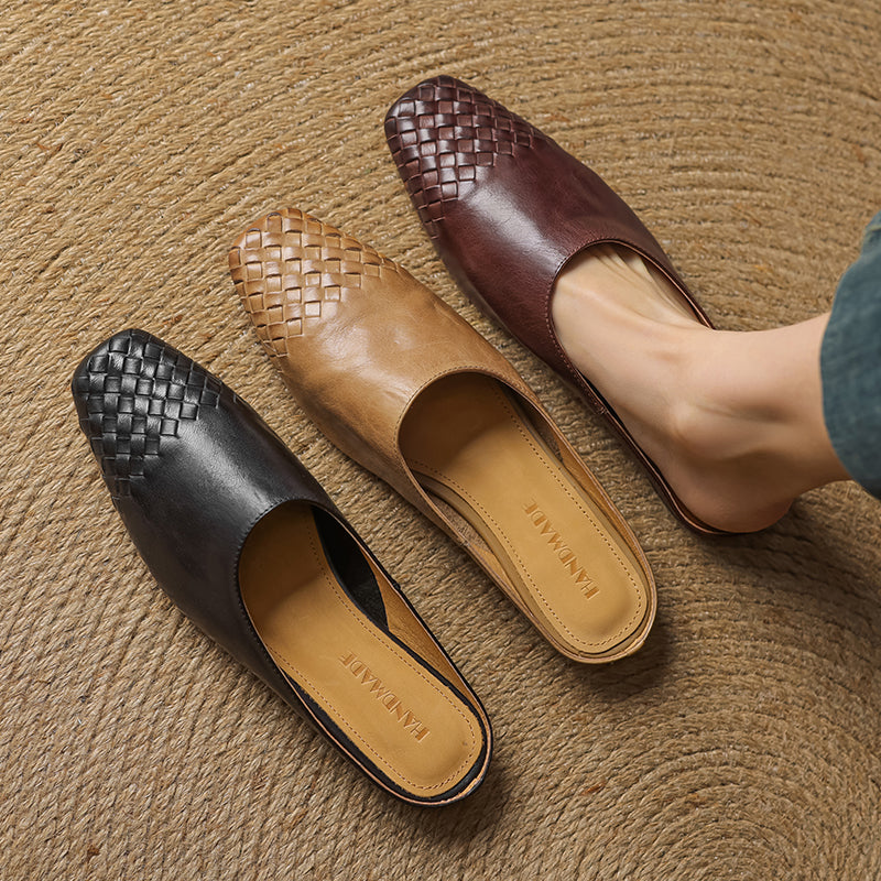 Women's Artisanal Woven Leather Slides - Sheepskin Summer Mules