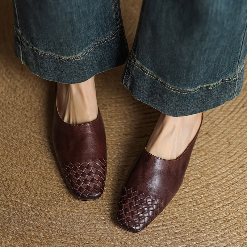 Women's Artisanal Woven Leather Slides - Sheepskin Summer Mules