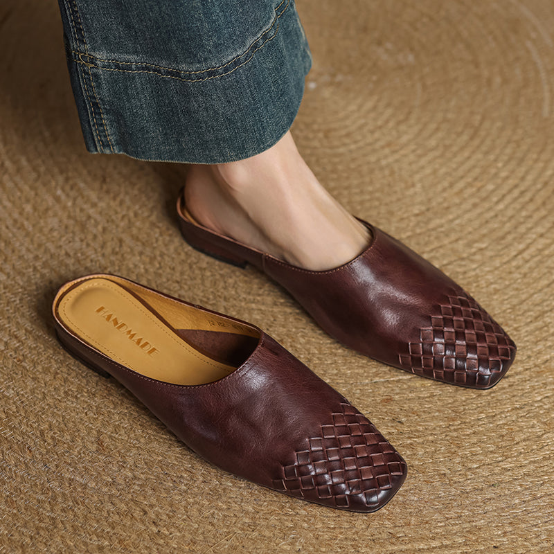Women's Artisanal Woven Leather Slides - Sheepskin Summer Mules