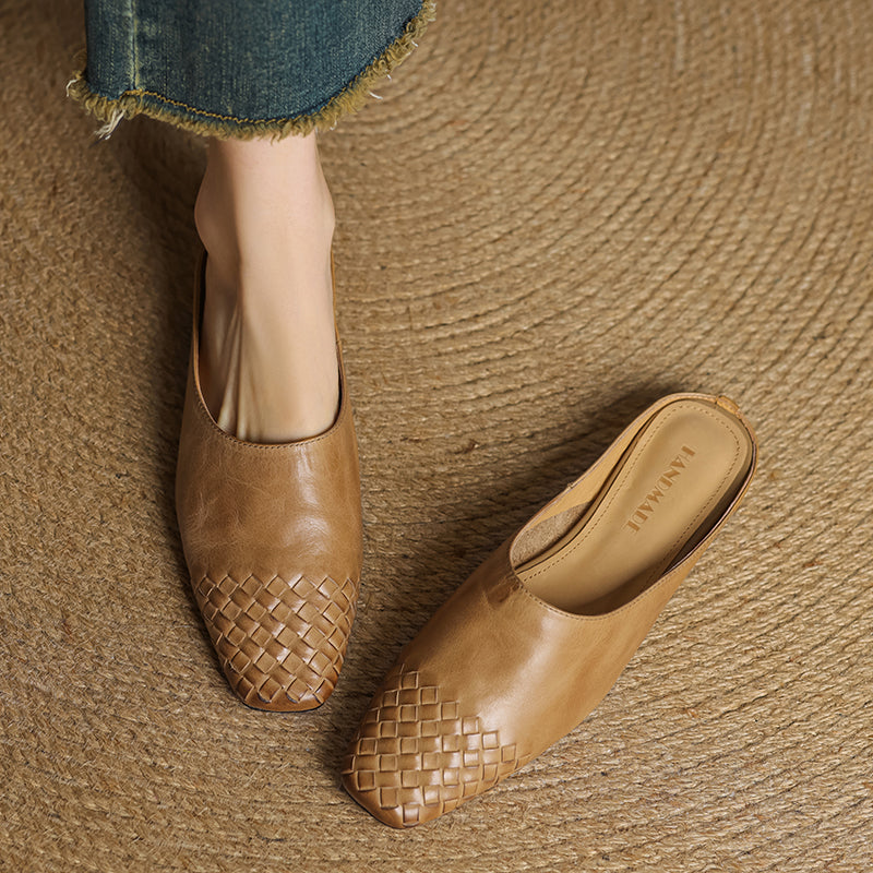 Women's Artisanal Woven Leather Slides - Sheepskin Summer Mules