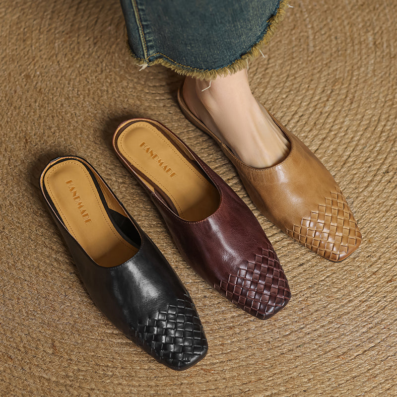 Women's Artisanal Woven Leather Slides - Sheepskin Summer Mules