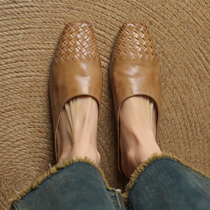 Women's Artisanal Woven Leather Slides - Sheepskin Summer Mules